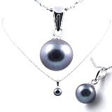 Freshwater Cultured Round Shape 6-6.5mm Black Pearl Pendant, 16" Sterling Silver 1MM Cable Chain