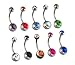 Set of 10 Double Jeweled Mixed Color Crystal Belly Button Navel Rings Stainless Steel 14g 3/8