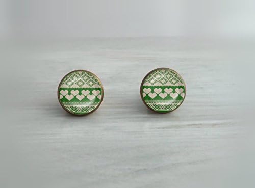 Green Heart Knit Sweater Pattern Glass Dome Earrings- Choose Studs or Dangles in Silver, Bronze, Stainless Steel
