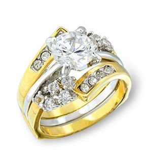 Bague femme Sarah Duo solitaire + alliance - Plaque Or jaune 585/1000 et metal argent - Oxyde de zirconium