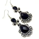Elegant Medievil Burnished Silver Teardrop Dangle Earrings with Black Resin Jewels