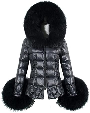 FANTASDE New Winter Women's Down Cotton Parka Fur Collar Hooded Coat Quilted Jacket (S, Black)