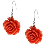 20mm .925 Sterling Silver Simulated Pink Coral Carved Rose Flower Earrings
