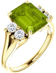 14K Yellow Gold 10.00x8.00mm Emerald Cut Peridot and Diamond Ring -- LIFETIME WARRANTY