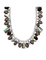 925 Silver, Freshwater Pearl, Abalone & Smoky Quartz Necklace- 18.5 IN