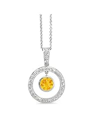 Twin Circle Pave Diamond Pendant In 18K White Gold With A 0.40 ct. Genuine Citrine Center Stone.