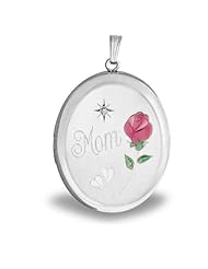 Sterling Silver "MOM -w/ Enamel Flower" Oval Locket 1 inch x 1 1/4 inch