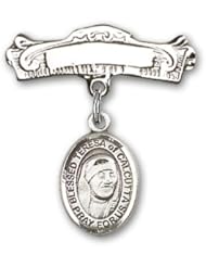 Sterling Silver Baby Badge with Blessed Teresa of Calcutta Charm and Arched Polished Badge Pin