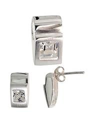 Sterling Silver Matte-finish Fancy Earrings (11mm tall) & Pendant Slide (15mm tall) Set, w/ Princess Cut CZ Stones