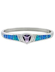 Sterling Silver Bangle Bracelet Synthetic Opal Inlay with 10 mm Trillion Shape Amethyst CZ