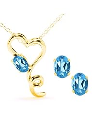 2.15 Ct Oval Swiss Blue Topaz 14K Yellow Gold Pendant Earrings Set