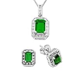 Sterling Silver Emerald and Diamond Stud Earring and Pendant Set, 18"