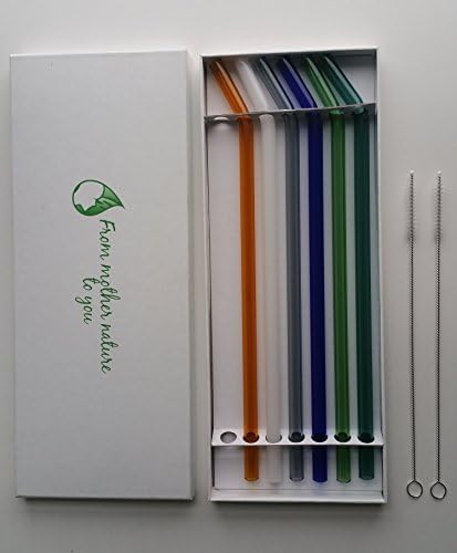 Glass Straws - Reusable Straws - Set of 6 Straws + 2 Brushes - Colored Bent Glass Straws For Smoothie Milkshake, Reusable, Eco-Friendly, Shatter Resistant Pyrex-Glass, No BPA, Non-Toxic