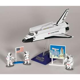 Space Shuttle with Stand 3 Astronauts, American Flag and Kennedy Space Center Sign