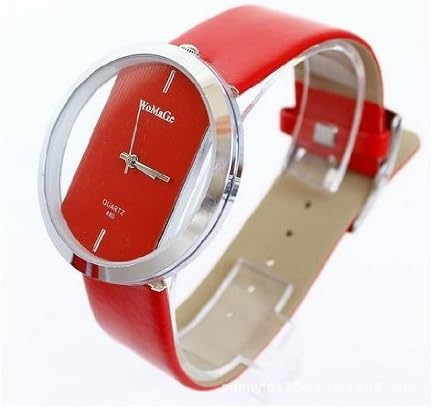Elegant Red Leather Watch with Transparent Glass Dial and Red Strip Down Center.