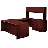10700 Series Contemporary U-Shaped Desk with Storage Hutch  Lateral File in Mahogany Finish