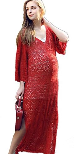 CCloud V Neck Summer Maternity Dress Hollow Sweater Long Dress Pregnancy Women Beach Dress with White Tnaks, Red