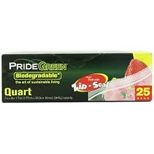 Pridegreen Biodegradable Quart Size Zip-N-Seal Food Storage Bags, 25-Count