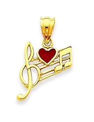 14K Gold Music Scale with Red Enameled Heart Pendant