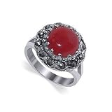 Nickel Free Sterling Silver Round Shape Simulated Red Coral Marcasite Band Polished Finish Ring Size 5, 6, 7, 8, 9, 10