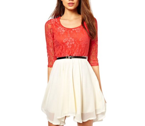 Little Hand Womens Summer Prom Sexy Casual Mini Chiffon Stripe Stitching Lace Dress Red White S