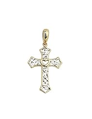 14K Two Tone Gold 24.2mm(H) x 11.6mm(W) Open Greek Key with Heart Cross Charm Pendant