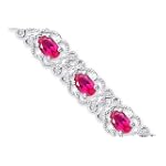 Antique Styling Oval Cut Created Ruby Gemstone Bracelet in Sterling Silver