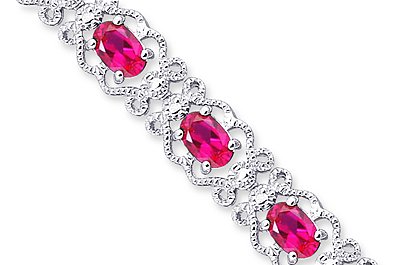 Antique Styling Oval Cut Created Ruby Gemstone Bracelet in Sterling Silver Rhodium Finish