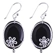 Handmade Black Crystal Bead Dangle Earrings With Sterling Silver Flowers