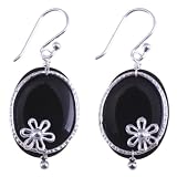 EXP Handmade Black Crystal Bead Dangle Earrings With Sterling Silver Flowers