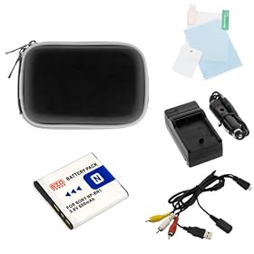 EZOPower NP-BN1 Battery Kit for Sony T110, TX100V, TX10, W570, W560, WX9, WX5, T99, TX5, Includes Replacement Battery 600mAh EZCBA25 + Travel Charger with Car Adapter + Black Zipper Pouch Case + Sync and Charge MD3 USB Cable + LCD Screen Protector