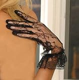 Lace Wrist Length Gloves with Ruffle Trim. One Size in Black or White