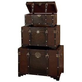 Set 3 Old Time Classic Leather N Wood Chest Trunk