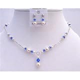 Nsc653 Swarovski Pearls Crystals Necklace Set White Pearls & Sapphire Crystals W/bali Silver Jewelry Set