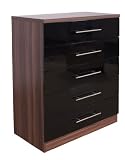 Superior High Quality Ultra Gloss Black and Walnut Chest of 5 Drawer