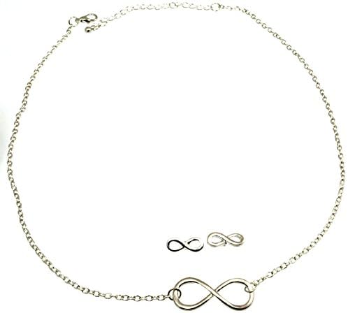 Infinity Necklace 18 Inch 3 Inch Extension and Stud Earring Set Silvertone (377)