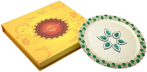 Ethnic Style Ravishing Green Classy Stone Golden Stainless Steel Poojan Thali Set With Idol Of Laxmi Ganesh Ji For Diwali and Bhai Dooj