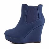 Damen Schuhe, STIEFELETTEN, PLATEAU KEIL WEDGES, 7606-KA, Synthetik in hochwertiger Leder Optik, Blau, Gr 41