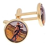 Gold plated cufflinks with an image of a St Andrews Golfer golf accent with presentation box. Made in the U.S.A