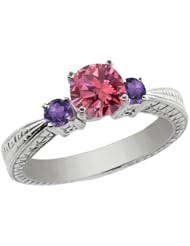0.95 Ct Round Pink Diamond Purple Amethyst 925 Sterling Silver 3-Stone Ring
