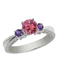 0.95 Ct Round Pink Diamond Purple Amethyst 14K White Gold 3-Stone Ring