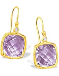 14K Yellow Gold Amethyst Cushion Dangle Earrings