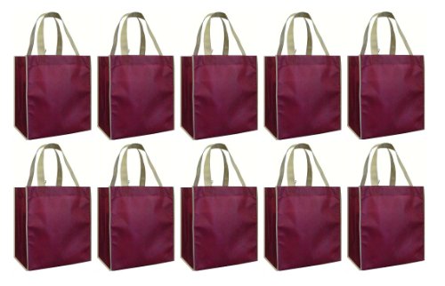 Reusable Grocery Tote Bags, Burgundy w/contrast Trim, Super Saver 10 Pack
