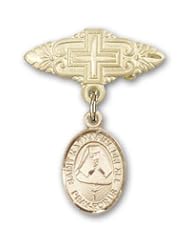 14kt Gold Baby Badge with St. Katherine Drexel Charm and Badge Pin with Cross
