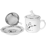 Creative Co-Op Stoneware Tea Strainer Mug with Saucer and Dog Lid, 5.5-Inch