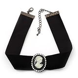 Black Velour Ribbon Pearl 'Cameo' Choker Necklace - 30cm Length & 8cm Extension