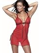 Sexy Red Mesh Chemise Black Accents Matching Thong Side Slides Ruffle Detail