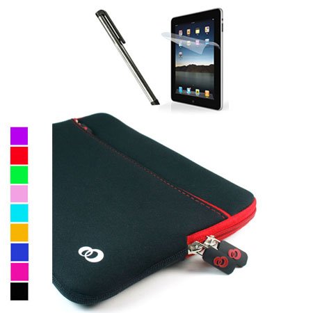 Apple iPad Glove Neoprene Case + Anti Glare Screen Protector + White Stylus for iPad (Black-Red)