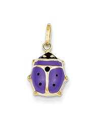 14k Yellow Gold Hollow Polished Purple Enameled Ladybug Pendant Metal Wt- 0.44g