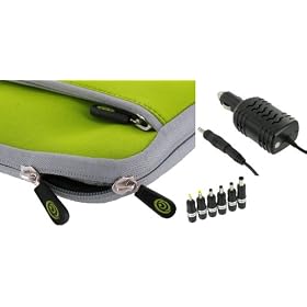 2n1 Combo - Acer AOD250-1842 10.1-Inch Netbook Neoprene Sleeve SlipCase and 12v Car Charger (Invisible Zipper Dual-Pocket - Neon)
